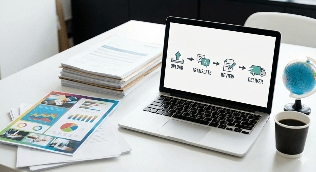 image of a laptop screen showing a simplified translation flow, with the laptop surrounded by printed documents to represent reports
