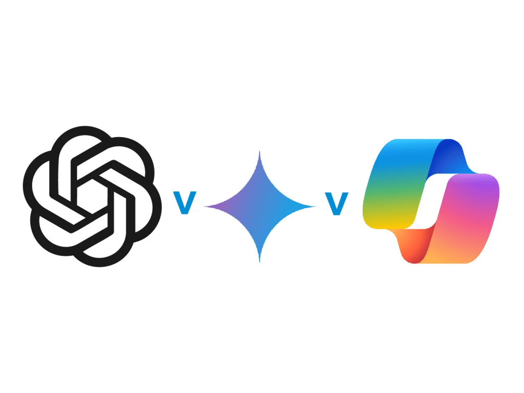 Logos of three AI assistants — ChatGPT, Google Gemini and Microsoft Copilot — shown side by side with 'v' separators, illustrating a comparison between the platforms.