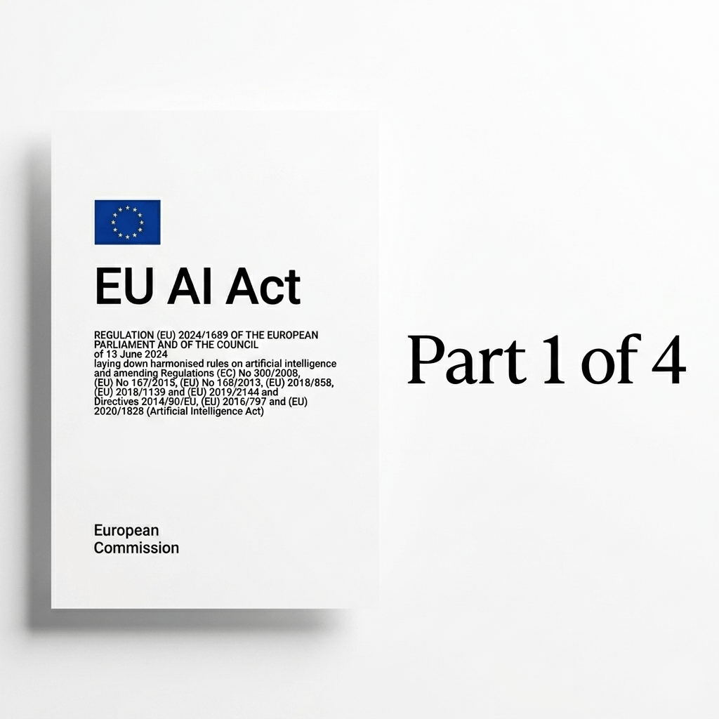 Cover of the EU AI Act document from the European Commission (Regulation 2024/1689, dated 13 June 2024), displayed alongside the text "Part 1 of 4" against a clean white background.