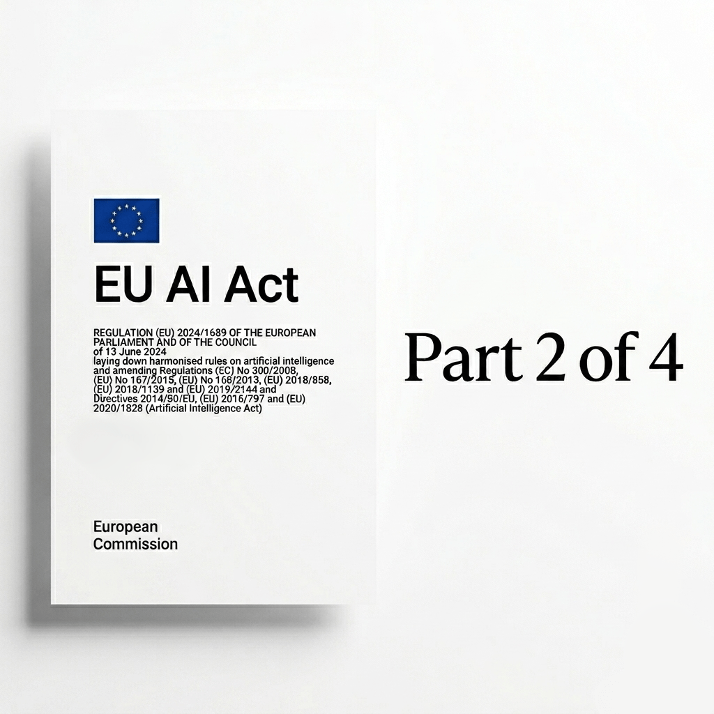 Cover of the EU AI Act document from the European Commission (Regulation 2024/1689, dated 13 June 2024), displayed alongside the text "Part 2 of 4" against a clean white background.