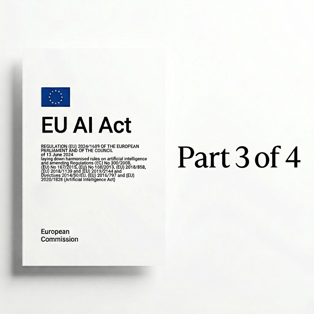 Cover of the EU AI Act document from the European Commission (Regulation 2024/1689, dated 13 June 2024), displayed alongside the text "Part 3 of 4" against a clean white background.