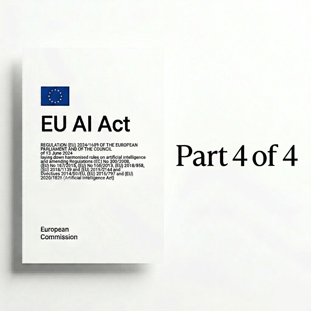 Cover of the EU AI Act document from the European Commission (Regulation 2024/1689, dated 13 June 2024), displayed alongside the text "Part 4 of 4" against a clean white background.