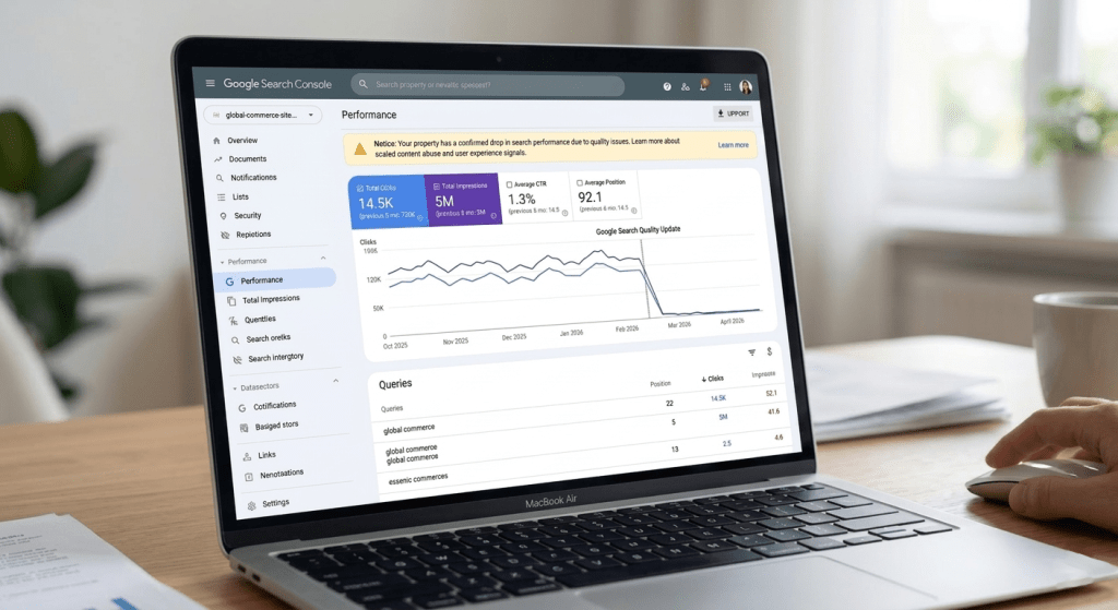 MacBook Air on a desk displaying a Google Search Console performance dashboard, showing a sharp drop in search traffic following a Google quality update, with metrics for clicks, impressions, CTR and average position.