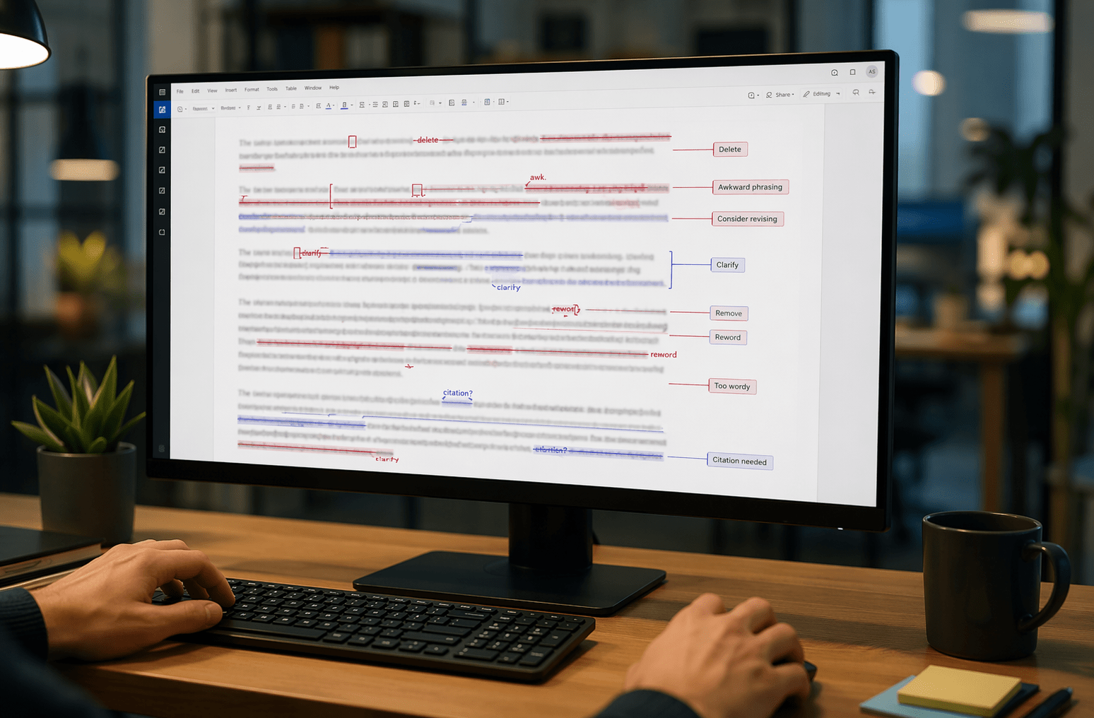 Image of a computer user editing a text on a computer monitor