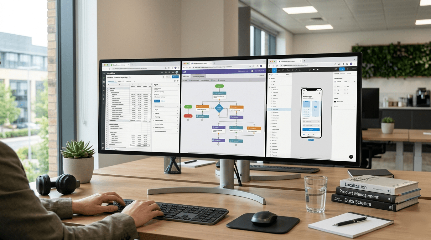 Image of computer screen with Workiva, Marketo and app-authoring software displayed