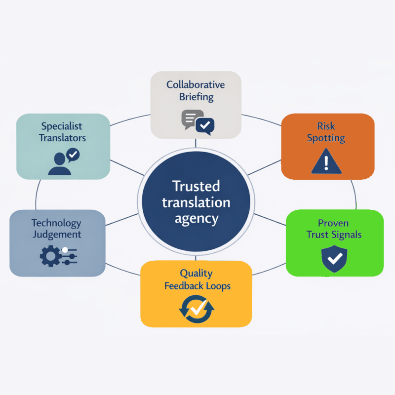 Image of key aspects in a trusting translation agency relationship