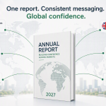 Annual report image showing different languages and global map