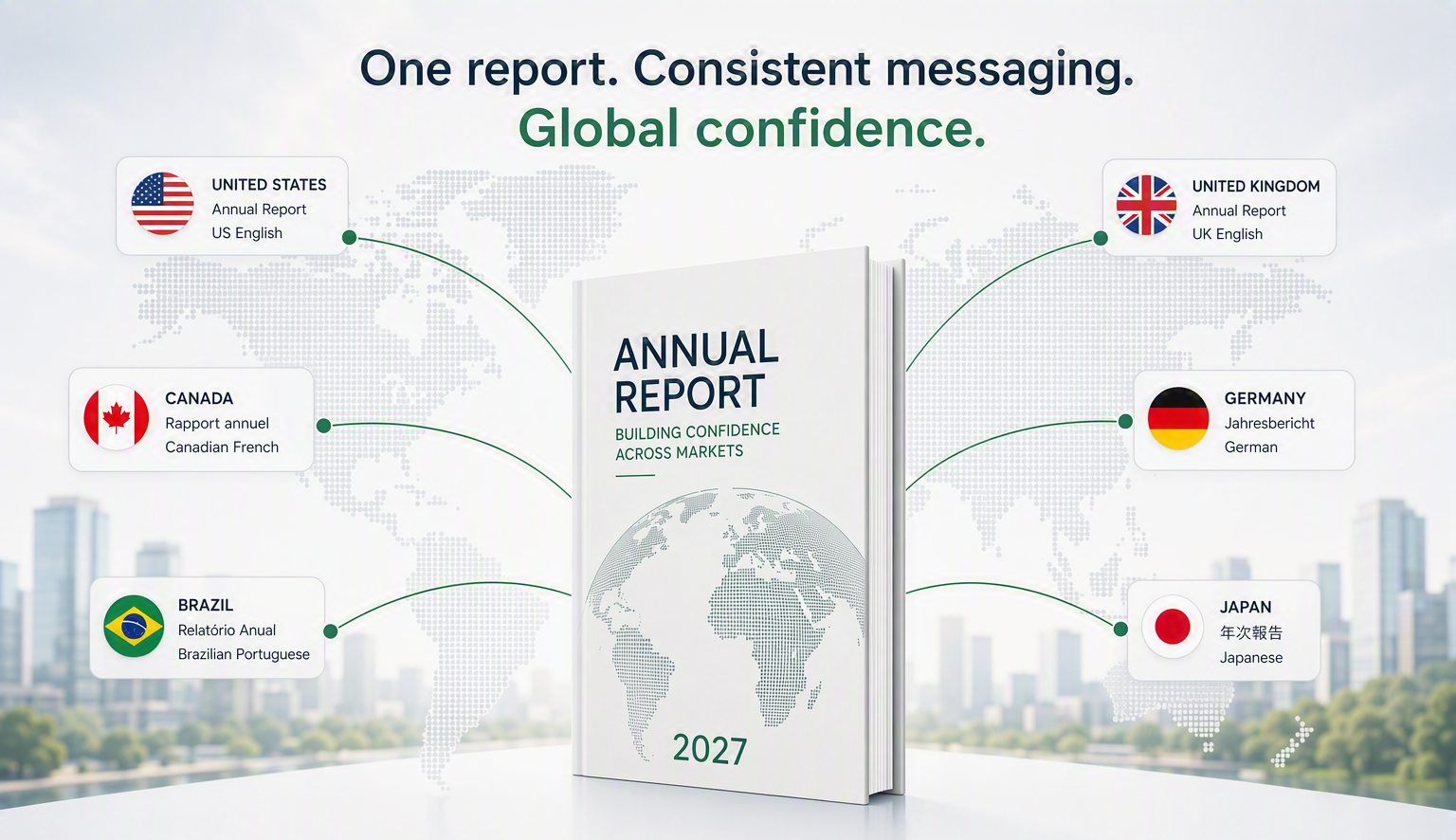 Annual report image showing different languages and global map