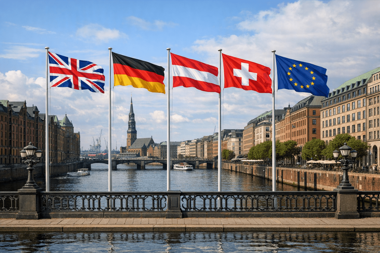 British, German, Austrian, Swiss and EU flags flying on a bridge