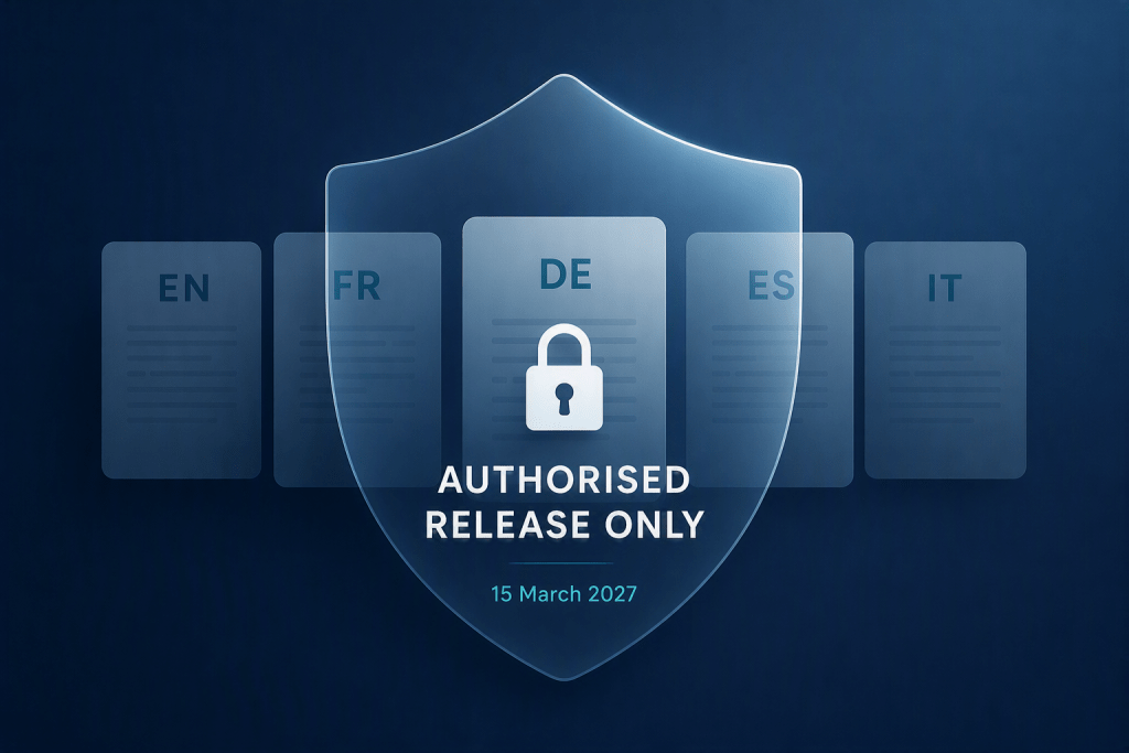 Image of a embargo shield with languages protected behind it